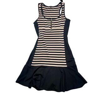 Indie Monteau black & beige striped drop waist mini dress with zipper front